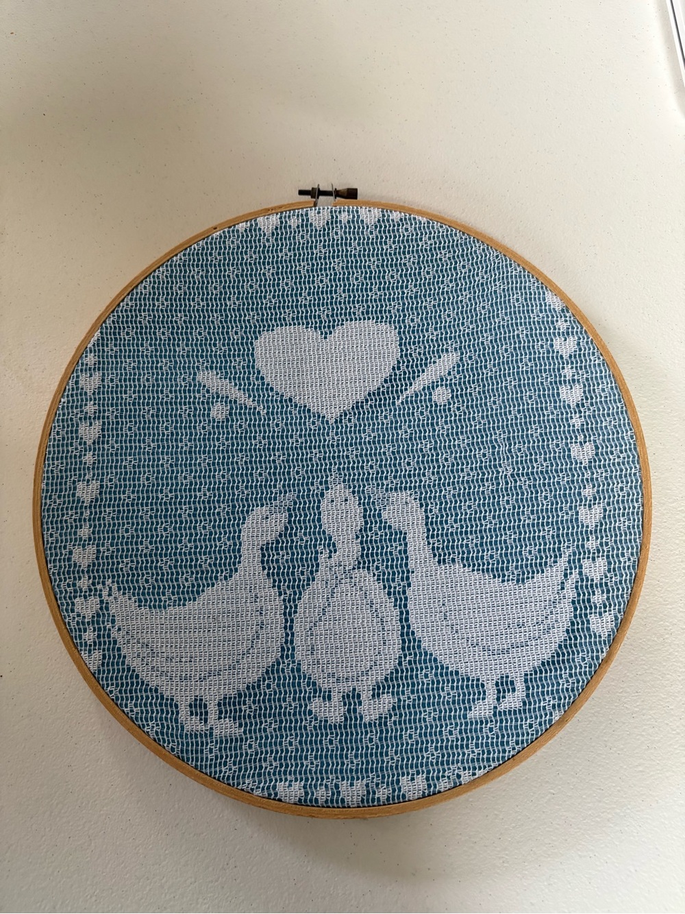 Vtg Goose Wall Hanging 10" Lace Embroidered Hoop 80s Cottagecore Decor